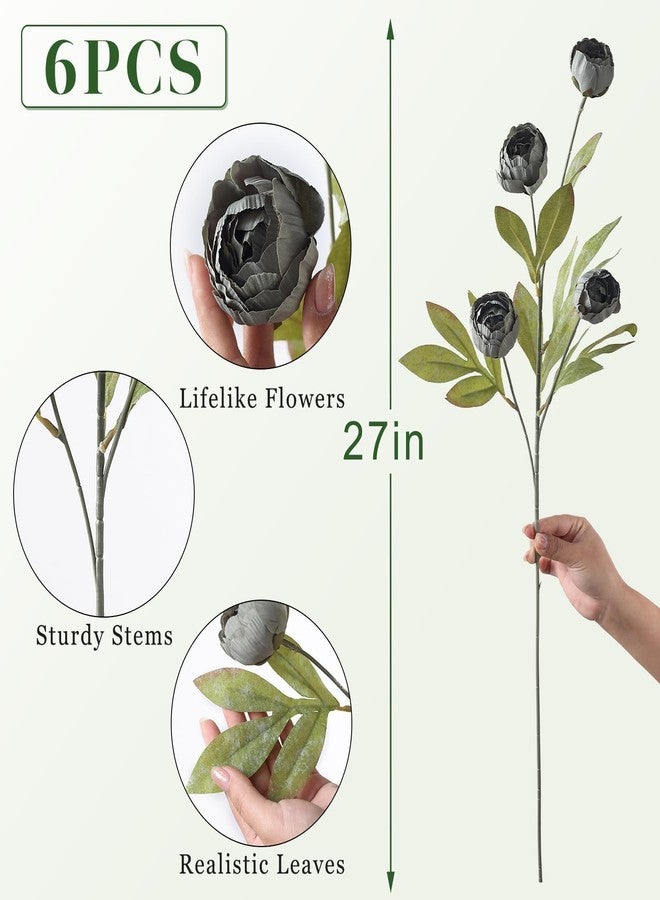 VIERENA 6 Pcs Faux Silk Peony Artificial Flowers for Vase -27", Bulk Fake Peonies Branches with Stems for DIY Bouquet Centerpieces Wedding Fillers Arrangements Shower Decorations (Dark Gray) - Image 5