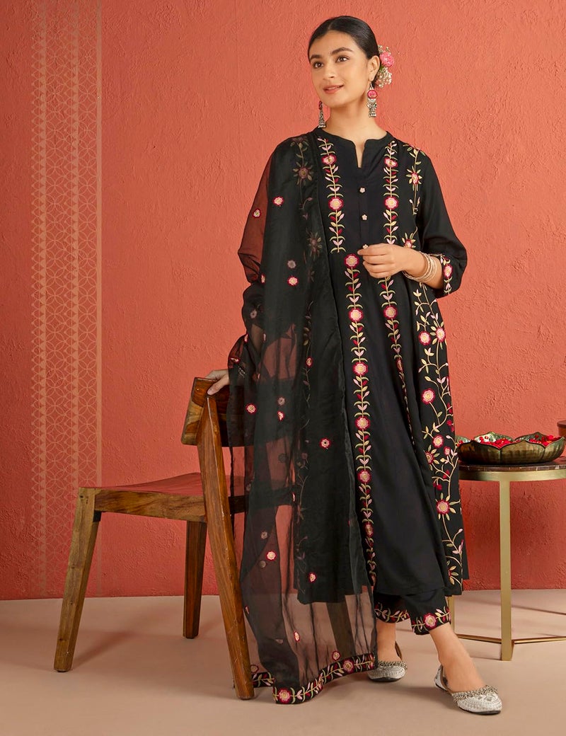 Kaari Women's Embroidered Kurta Set with Dupatta - Anarkali Fit | Organza Dupatta with Multi-color Embroidery | Straight Pant with Side Pocket | Kurta Set For Women - Image 2