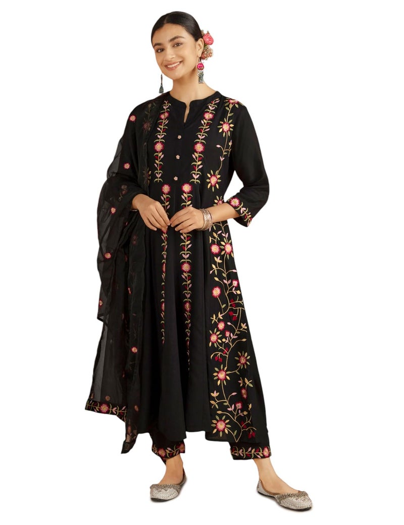 Kaari Women's Embroidered Kurta Set with Dupatta - Anarkali Fit | Organza Dupatta with Multi-color Embroidery | Straight Pant with Side Pocket | Kurta Set For Women - Image 5