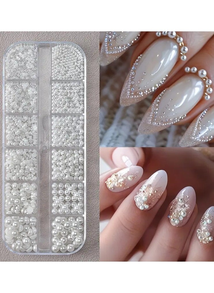 Rozino - White Pearl Caviar Beads, Round And Half-Round Shapes, 12 Grids, 0.15-0.5cm, DIY Nail Art Decoration - Image 1