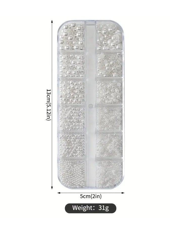 Rozino - White Pearl Caviar Beads, Round And Half-Round Shapes, 12 Grids, 0.15-0.5cm, DIY Nail Art Decoration - Image 1
