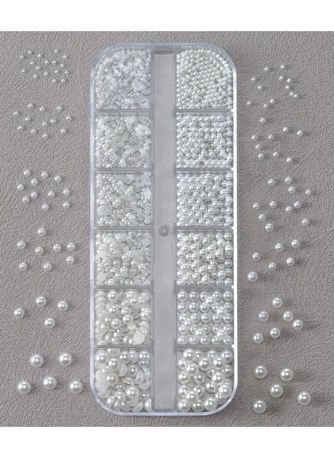 Rozino - White Pearl Caviar Beads, Round And Half-Round Shapes, 12 Grids, 0.15-0.5cm, DIY Nail Art Decoration - Image 1