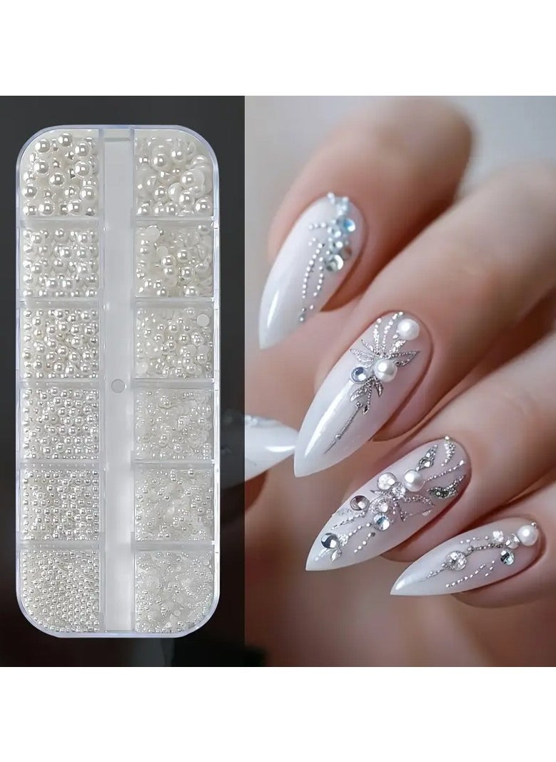Rozino - White Pearl Caviar Beads, Round And Half-Round Shapes, 12 Grids, 0.15-0.5cm, DIY Nail Art Decoration - Image 1