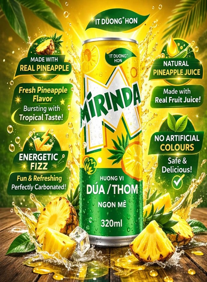 Pepsi MiRINDA Pineapple Flavoured Soft Drink (Pack of 3) 320ml Can By COUGAR, Can, Tropical Fizzy Soda Beverage, Refreshing Sparkling Drink, Less Sugar Formula, Ready to Serve Chilled, Perfect for Parties, Picnics & Everyday Refreshment - (Imported-VIET) - Image 3