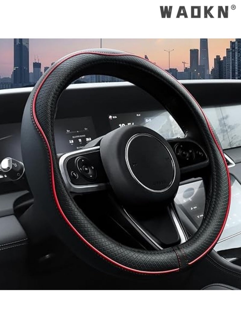 WAOKN 38cm Universal Car Steering Wheel Cover, Microfiber Leather Non-Slip Striped Steering Protector, Anti-UV, Anti-aging steering wheel protection，Breathable All-Season Anti-Slip Grip Cover for Cars, Trucks & SUVs, Wear-Resistant, Sweatproof ， Comfortable，Safety, Soft, Breathable, Heavy Duty, Thick, Full Surround, Sports Style（Black with red line） - Image 1