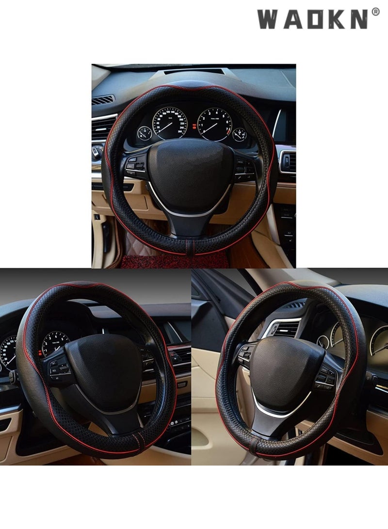 WAOKN 38cm Universal Car Steering Wheel Cover, Microfiber Leather Non-Slip Striped Steering Protector, Anti-UV, Anti-aging steering wheel protection，Breathable All-Season Anti-Slip Grip Cover for Cars, Trucks & SUVs, Wear-Resistant, Sweatproof ， Comfortable，Safety, Soft, Breathable, Heavy Duty, Thick, Full Surround, Sports Style（Black with red line） - Image 2