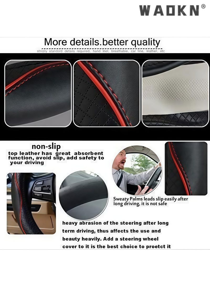 WAOKN 38cm Universal Car Steering Wheel Cover, Microfiber Leather Non-Slip Striped Steering Protector, Anti-UV, Anti-aging steering wheel protection，Breathable All-Season Anti-Slip Grip Cover for Cars, Trucks & SUVs, Wear-Resistant, Sweatproof ， Comfortable，Safety, Soft, Breathable, Heavy Duty, Thick, Full Surround, Sports Style（Black with red line） - Image 3