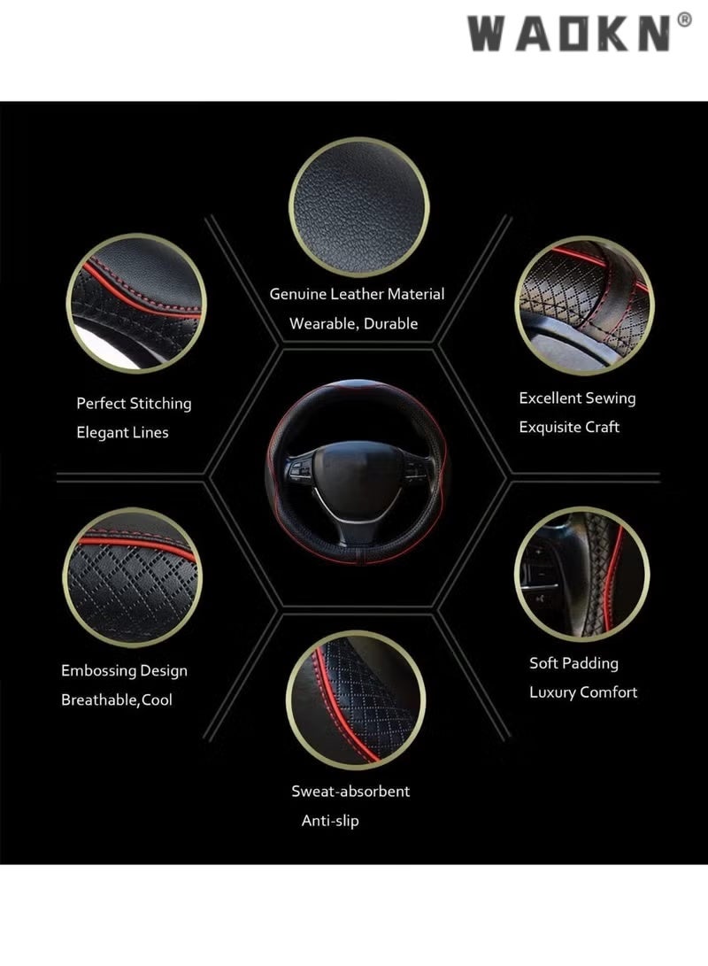 WAOKN 38cm Universal Car Steering Wheel Cover, Microfiber Leather Non-Slip Striped Steering Protector, Anti-UV, Anti-aging steering wheel protection，Breathable All-Season Anti-Slip Grip Cover for Cars, Trucks & SUVs, Wear-Resistant, Sweatproof ， Comfortable，Safety, Soft, Breathable, Heavy Duty, Thick, Full Surround, Sports Style（Black with red line） - Image 5