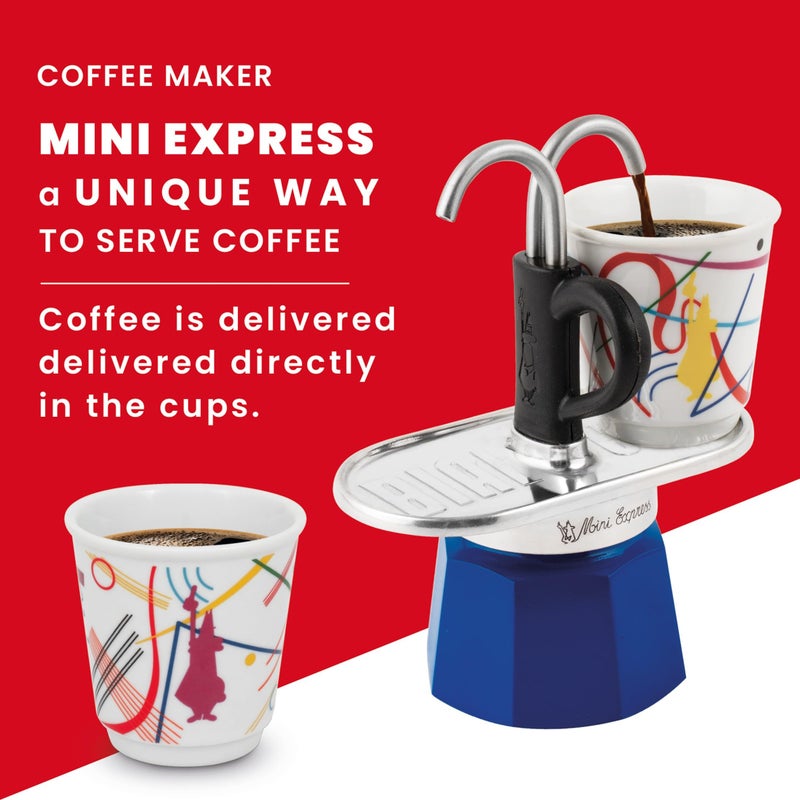 Bialetti - Mini Express Kandinsky: Moka Set includes Coffee Maker 2-Cups (2.8 Oz) + 2 shot glasses, Light Blue, Aluminum - Image 3