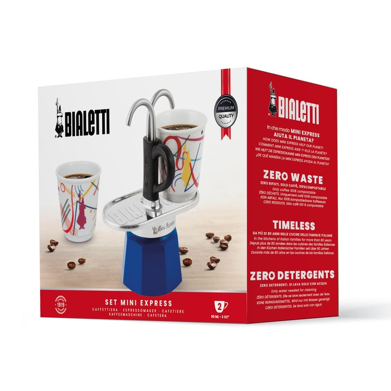 Bialetti - Mini Express Kandinsky: Moka Set includes Coffee Maker 2-Cups (2.8 Oz) + 2 shot glasses, Light Blue, Aluminum - Image 4