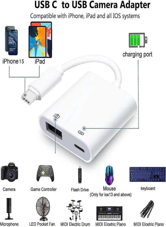 esbeecables USB C to USB Camera Adapter for iPhone 17,Portable USB C Male to Female US-B OTG with Fast Charging Port for iPhone 17/Air/17Pro/16/16 Pro/16 Pro Max/15/15 Pro Max to US-B Flash Drive/Keyboard/Mouse - Image 4