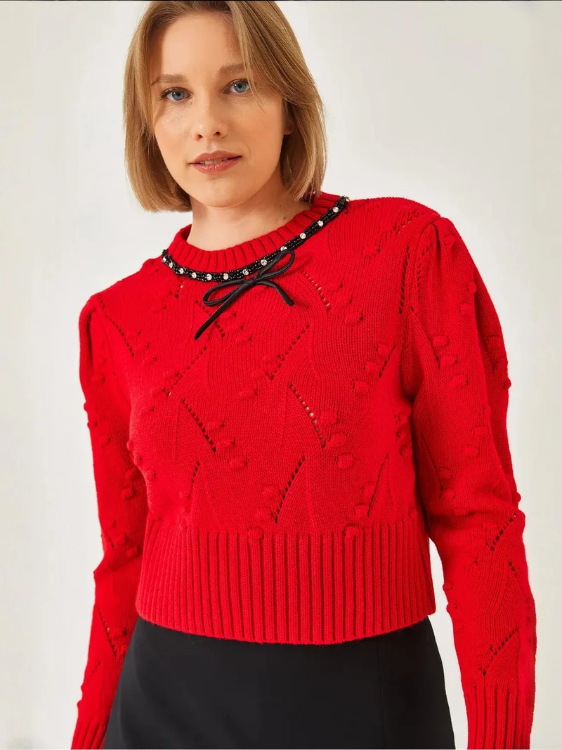 Others - invalid brand LUCCI Textured Embroidered Crew Neck Fitted Crop Sweater