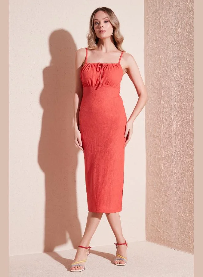 Lela Lela Front Gathered Strappy Slit Fitted Midi Dress Women's Dress 5865362