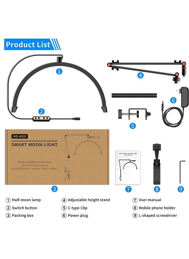 Arabest Lash Light for Eyelash Extensions,Portable Half Moon Desk Lamp,Esthetician Light for Tattoo Artists,Nail Tech,Eyelash Lamp with Phone Holder 3000-6000K 10 Brightness Adjustable - Image 3