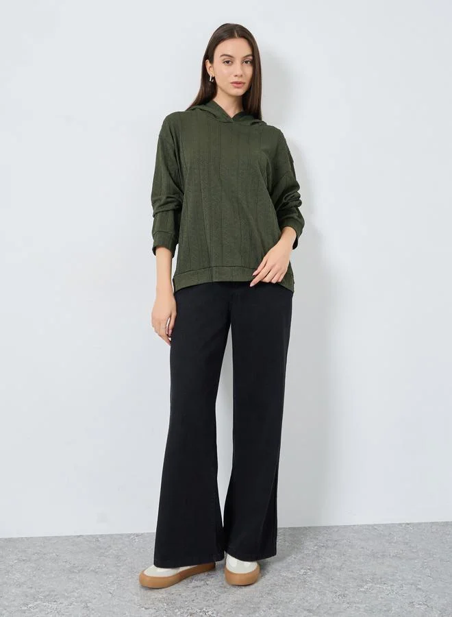 Take Two Dark Green Textured Hooded Top
