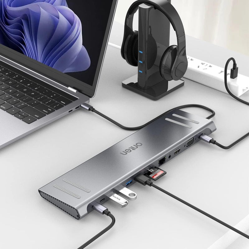 onten Dock Station, 13 in 1 USB C Docking Station ,USB C Network Hub with HDMI VGA PD(3.0),4*USB 2*USB C，10/100M Gigabit. Laptop Stand for MacBook iPad Surface pro and More Windows Laptop - Image 2
