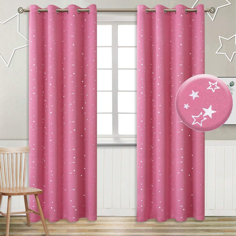 BGment Kids Blackout Curtains for Bedroom - Grommet Thermal Insulated Silver Star Print Room Darkening Curtains for Living Room  Set of 2 Panels (55 x 96 Inch  Pink) - Image 1