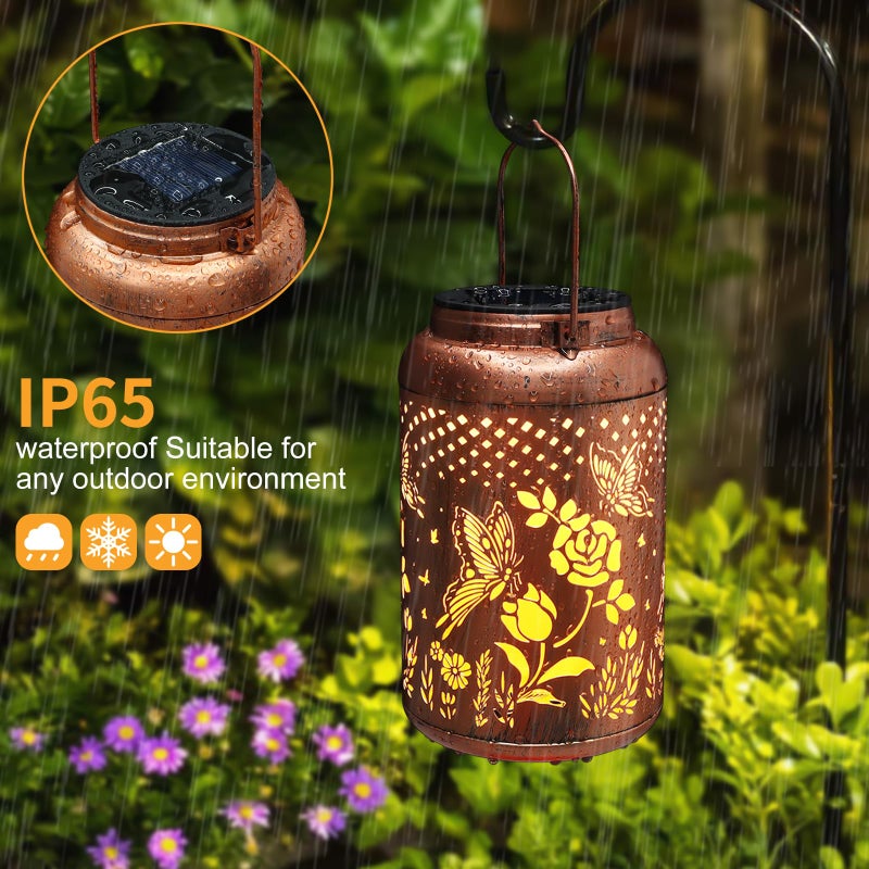 Tepaken Rose Butterfly Decoration Solar Lanterns Outdoor Waterproof Garden Decor Gifts for Women Mon Grandma Metal Hanging Solar Lights for Outside LED Lanterns for Yard, Patio - Image 3
