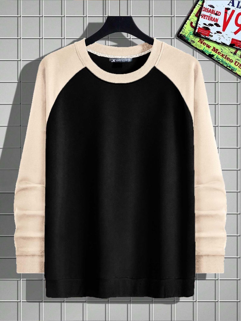 Jump Cuts Mens Colorblock Round Neck Raglan Full Sleeve Black & Beige LoopKnit Sweatshirt - Image 2