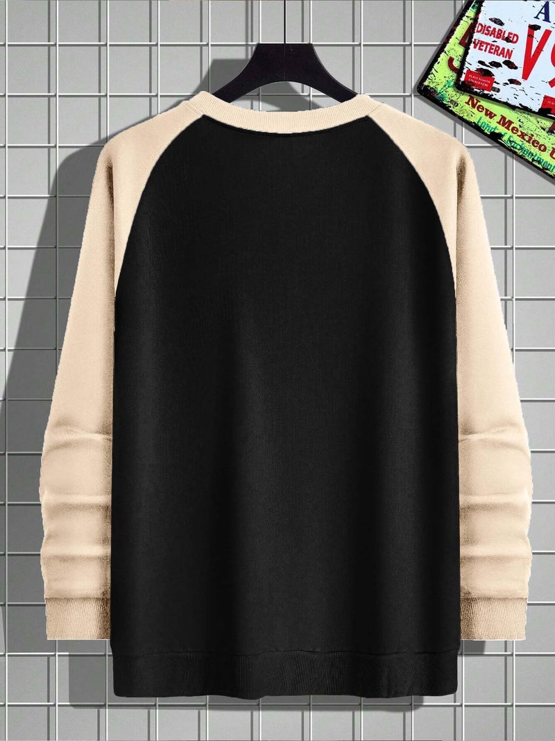 Jump Cuts Mens Colorblock Round Neck Raglan Full Sleeve Black & Beige LoopKnit Sweatshirt - Image 3