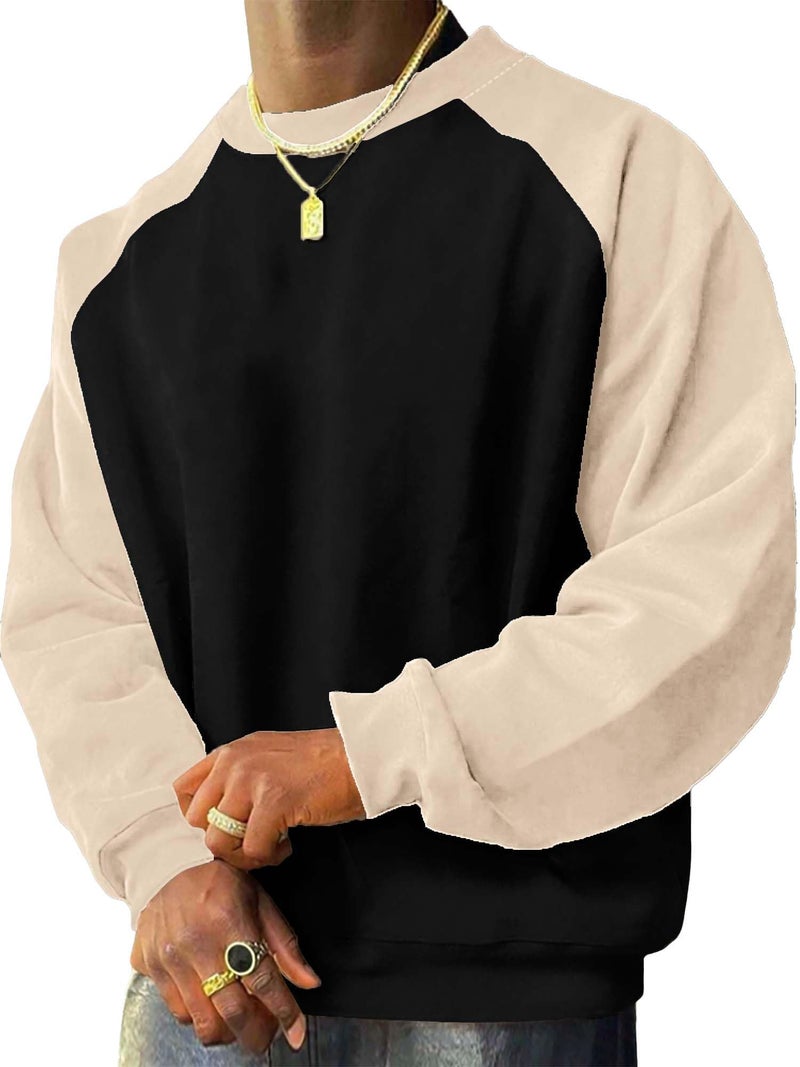 Jump Cuts Mens Colorblock Round Neck Raglan Full Sleeve Black & Beige LoopKnit Sweatshirt - Image 5