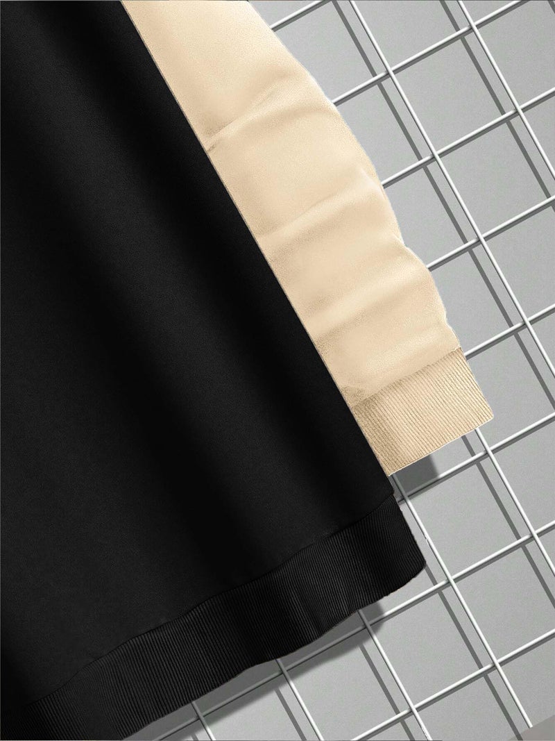 Jump Cuts Mens Colorblock Round Neck Raglan Full Sleeve Black & Beige LoopKnit Sweatshirt - Image 4