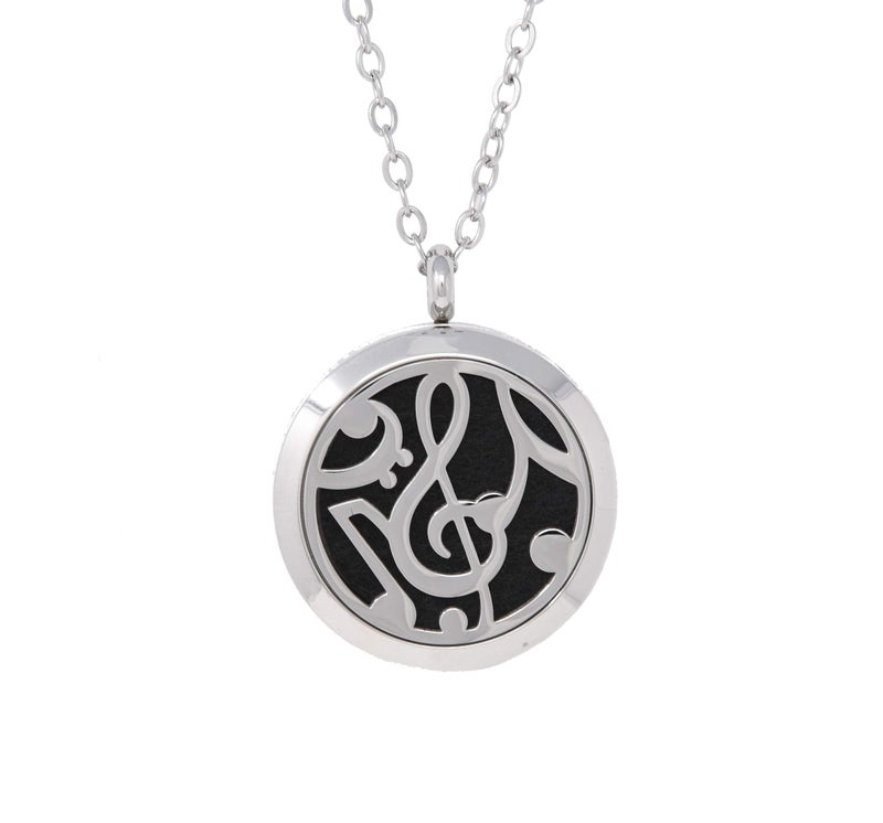Simply Essential Solutions Aromatherapy Essential Oil Diffuser Stainless Steel 30MM Silver Magnetic Locket Pendant 2 Sizes Chain Necklace, Refill Pads & Diffuser Bracelet in a Velvet Bag (Music2) - Image 1