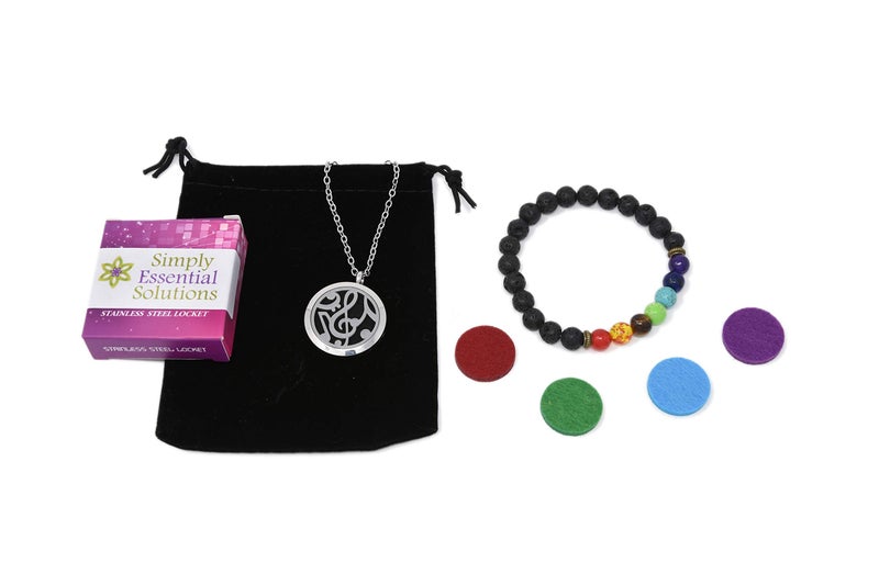 Simply Essential Solutions Aromatherapy Essential Oil Diffuser Stainless Steel 30MM Silver Magnetic Locket Pendant 2 Sizes Chain Necklace, Refill Pads & Diffuser Bracelet in a Velvet Bag (Music2) - Image 2