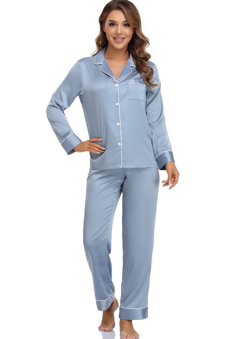 Serenedelicacy Womens Satin Pajama Set Long Sleeve Button Down Sleepwear 2Piece Silky Pj Set XLarge Dust Blue
