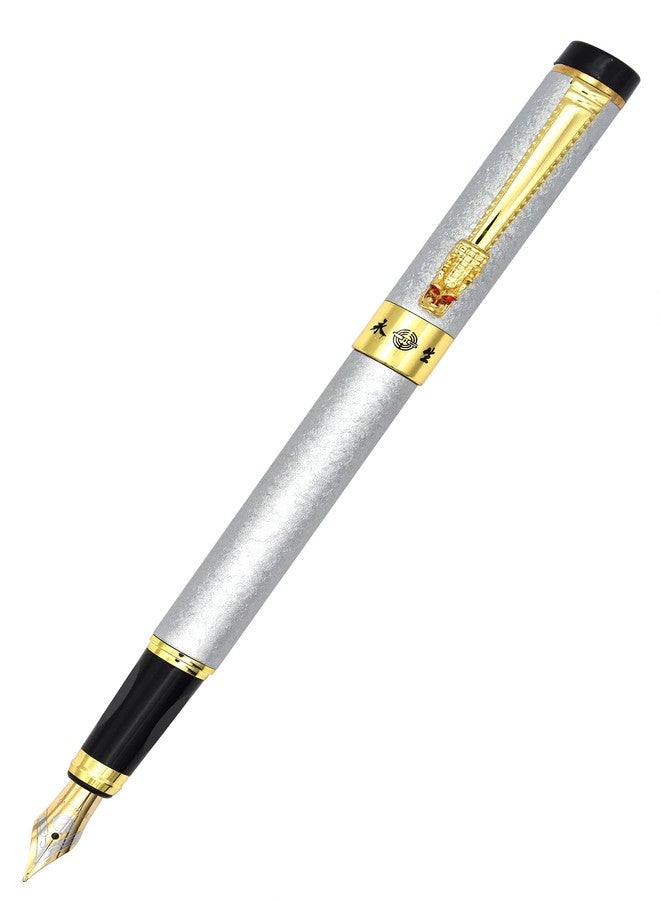 Gullor Retro Style Art Dragon Clip Fountain Pen with Ink Converter, Silver - Image 1