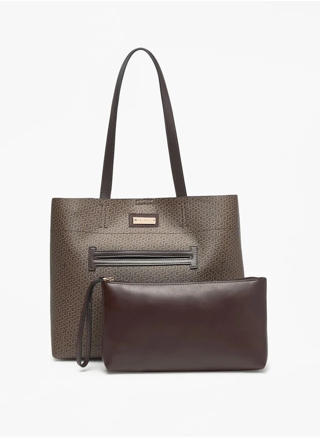 سيليست All-Over Monogram Print Tote Bag with Button Closure and Double Handle