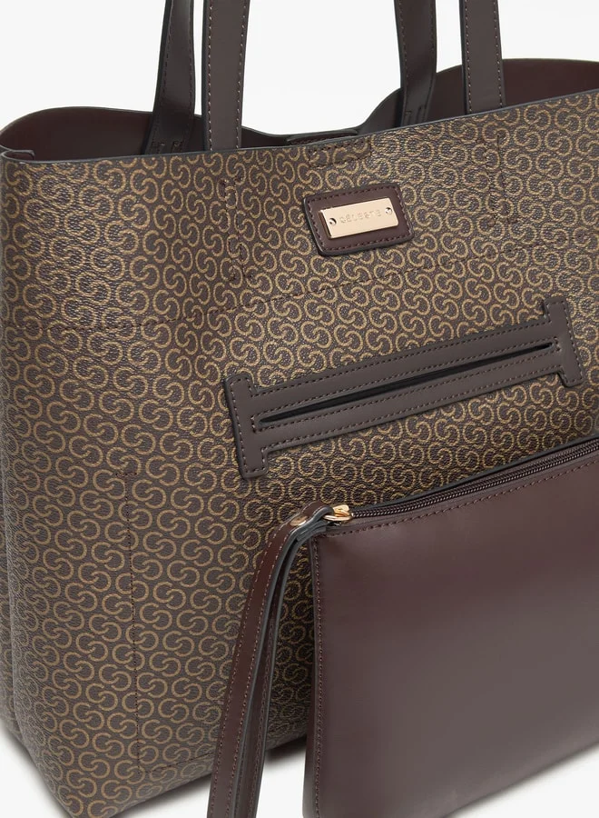 سيليست All-Over Monogram Print Tote Bag with Button Closure and Double Handle
