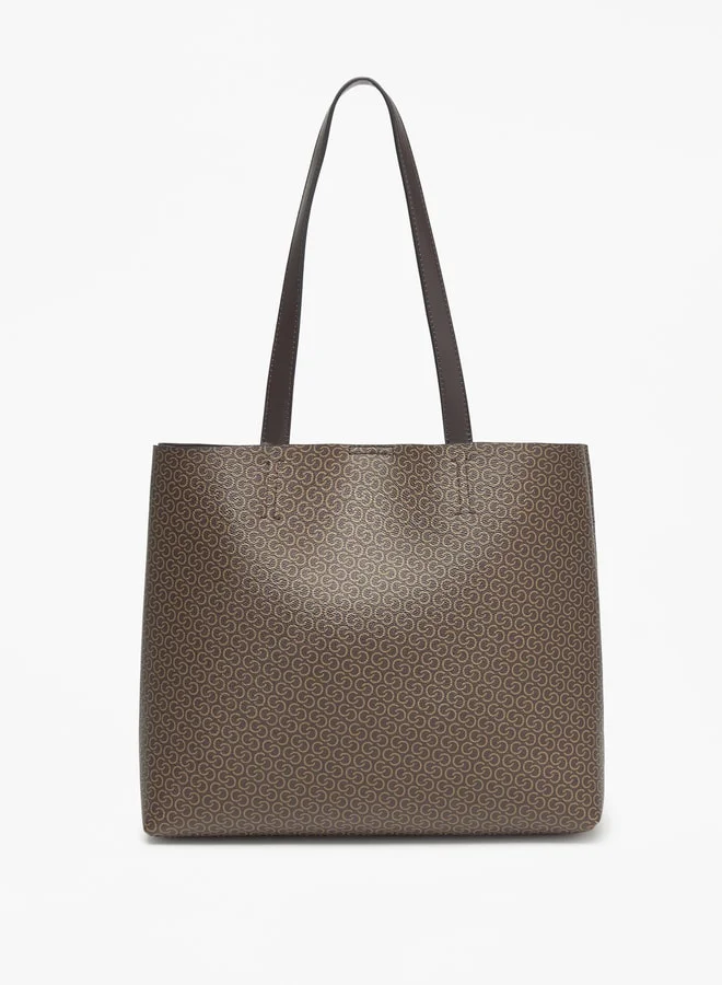 سيليست All-Over Monogram Print Tote Bag with Button Closure and Double Handle