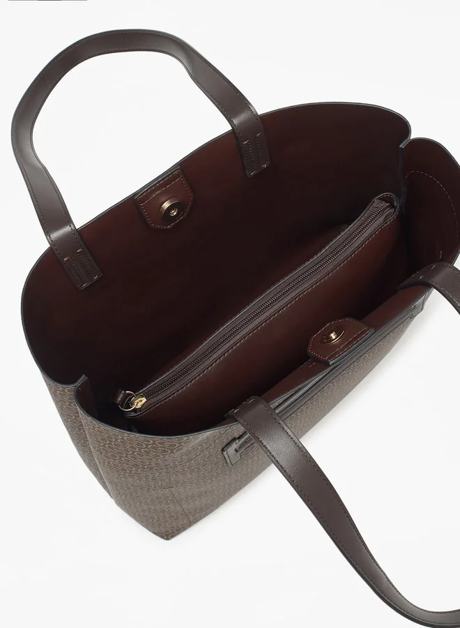 سيليست All-Over Monogram Print Tote Bag with Button Closure and Double Handle