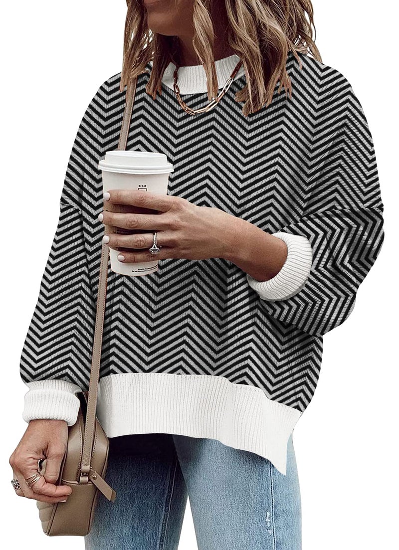 ETCYY Womens Oversized Sweaters Fall 2026 Fashion Clothes Trendy Batwing Sleeve Colorblock Striped Knit Pullover Tops,Striped Black,Large - Image 1