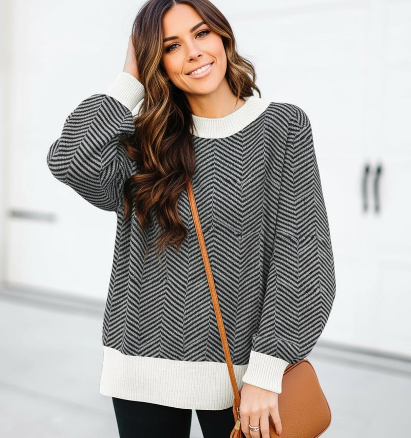 ETCYY Womens Oversized Sweaters Fall 2026 Fashion Clothes Trendy Batwing Sleeve Colorblock Striped Knit Pullover Tops,Striped Black,Large - Image 3