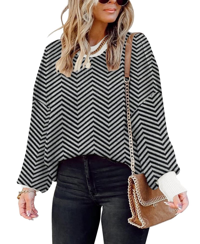 ETCYY Womens Oversized Sweaters Fall 2026 Fashion Clothes Trendy Batwing Sleeve Colorblock Striped Knit Pullover Tops,Striped Black,Large - Image 2