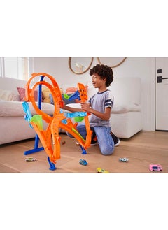 Hot Wheels مجموعة مسار مع سيارة هوت ويلز 1، مسار مرتفع بشكل 8 للسباق والألعاب البلاغية، يتصل بمسارات هوت ويلز الأخرى، يطوى للتخزين المريح  - Image 2