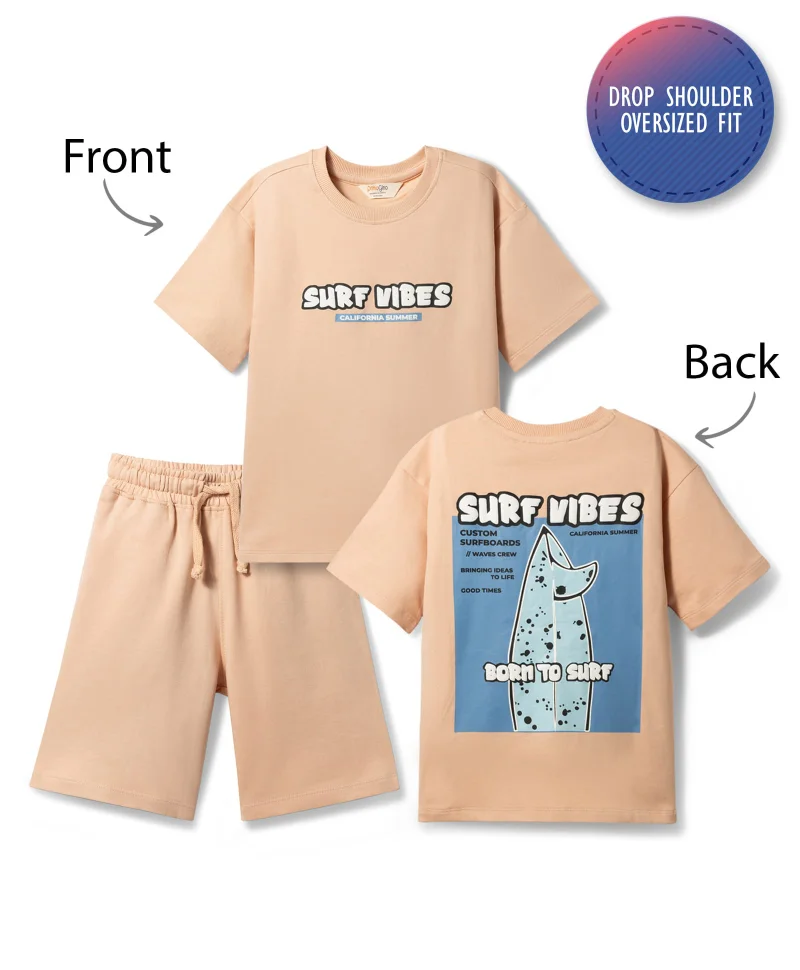 Primo Gino Primo Gino 100% Cotton French Terry Oversized T-Shirt & Shorts Set with Front & Back Text Print - Beige