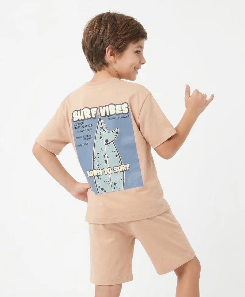 Primo Gino Primo Gino 100% Cotton French Terry Oversized T-Shirt & Shorts Set with Front & Back Text Print - Beige