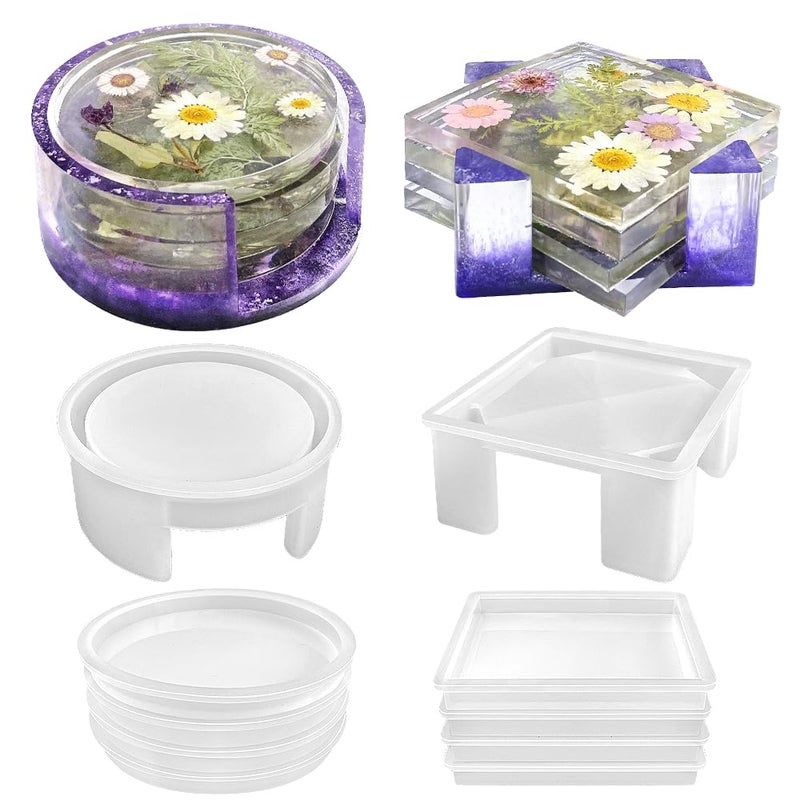 RESINWORLD Resin Coaster Molds Set, Upgrade 10 pcs Silicone Coaster Molds Kit Storage Box Mold for Resin Casting, Square Round Coaster Epoxy Molds - Image 1