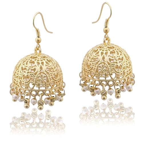 Moonstruck Traditional Indian Gold-Plated Dome-Shaped Jhumka Earrings with Pearl Beads for Women – Lightweight Ethnic Jewelry for Weddings, Festivals, Parties - Image 1
