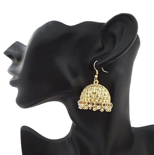 Moonstruck Traditional Indian Gold-Plated Dome-Shaped Jhumka Earrings with Pearl Beads for Women – Lightweight Ethnic Jewelry for Weddings, Festivals, Parties - Image 2
