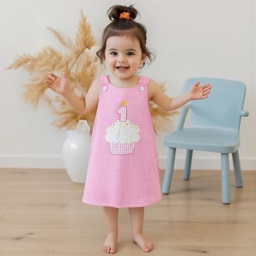GOOCHEER Baby Girl First Birthday Outfit 1 Cake Embroidery One Year Old Birthday Dress Smash Cake Dresses (Plaid Pink, 12-18 Months) - Image 2