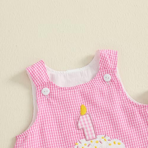 GOOCHEER Baby Girl First Birthday Outfit 1 Cake Embroidery One Year Old Birthday Dress Smash Cake Dresses (Plaid Pink, 12-18 Months) - Image 4