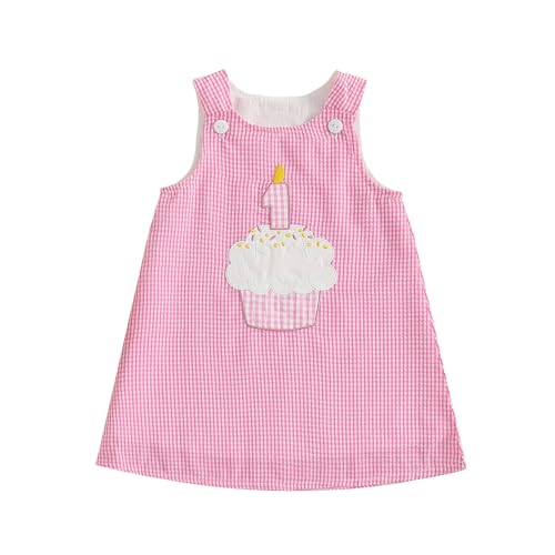 GOOCHEER Baby Girl First Birthday Outfit 1 Cake Embroidery One Year Old Birthday Dress Smash Cake Dresses (Plaid Pink, 12-18 Months) - Image 1