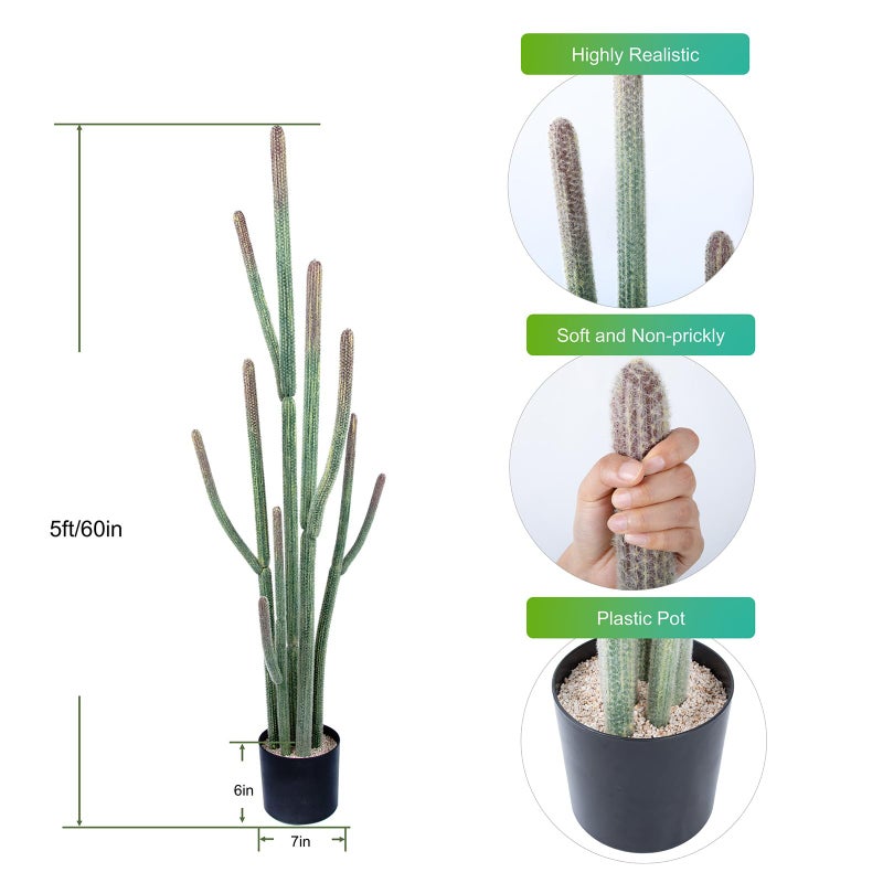 Nafresh Tall UV Resistant Faux Cactus Plantï¼Œ60in Realistic Texture Tall Fake Plant, Artificial Cactus Large with Black Pot Indoor Outdoor for Home Office Living Room Bedroom Foyer Porch Decor. - Image 3