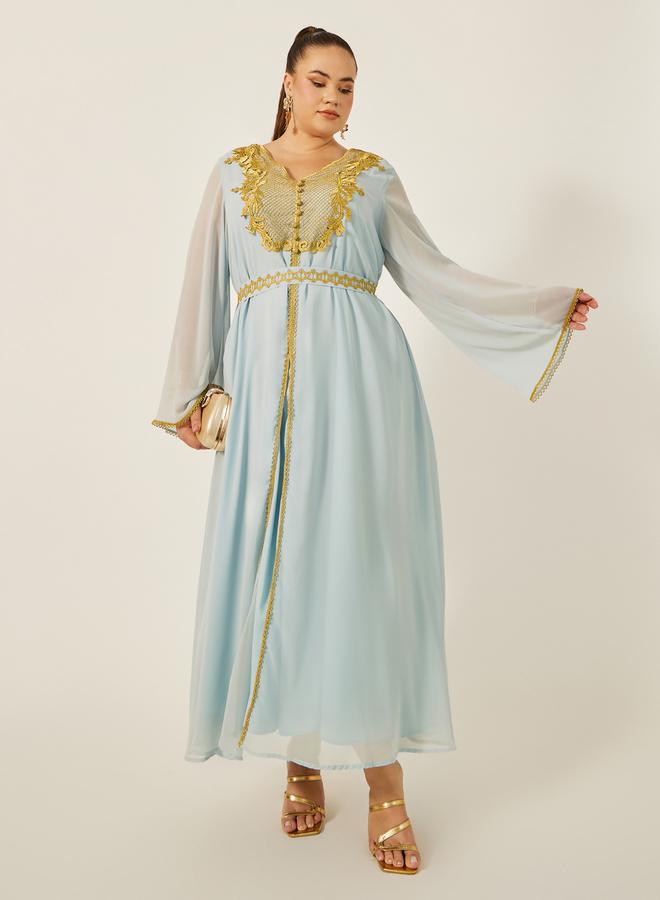 Styli Plus Size Lace Insert Kaftan with Waist Belt Detail - Image 2