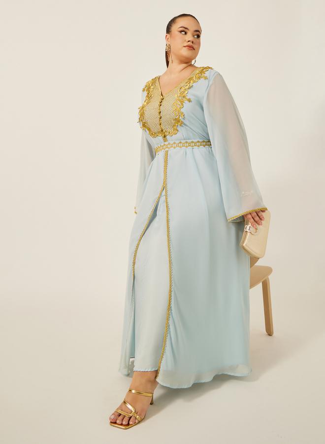 Styli Plus Size Lace Insert Kaftan with Waist Belt Detail - Image 1