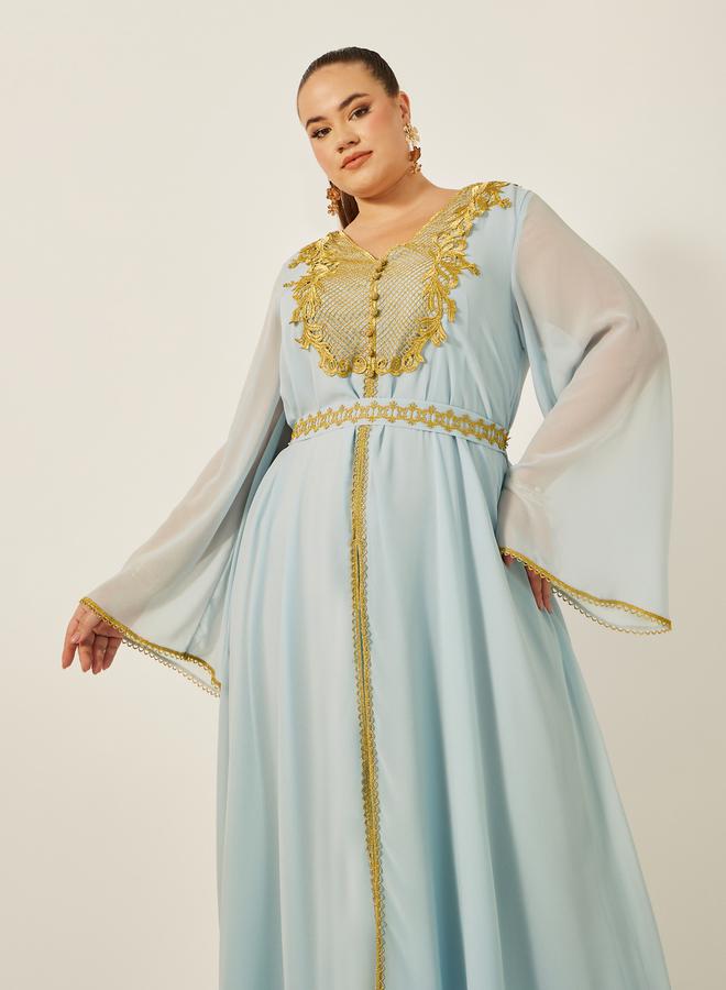 Styli Plus Size Lace Insert Kaftan with Waist Belt Detail - Image 3
